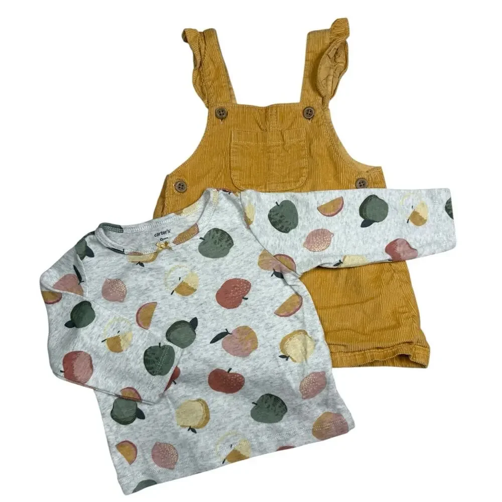 Carters Overall Dress Outfit Baby Girl Corduroy Apples Yellow 9 Months